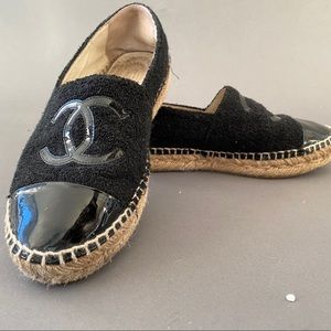 Chanel Espadrilles Black Patent Leather Logo 36